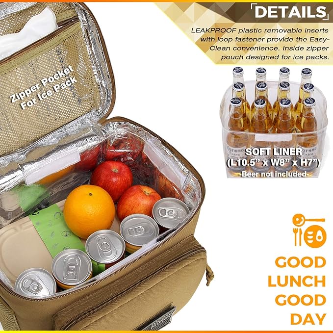 DBTAC Tactical Lunch Bag for Men Women, 12 Cans Insulated Lunch Box for Adult | 9L Leakproof Lunch Cooler Tote for Work Office Outdoor Travel | Soft Easy To Clean Liner x2 (Tan)
