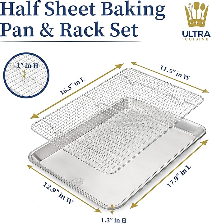 Ultra Cuisine Aluminum Baking Sheet with Stainless Steel Cooling Rack Set -Half Sheet Size Pan 13 x 18 inch, Durable Rimmed Sides, Easy Clean, Commercial Quality for Cooking and Roasting
