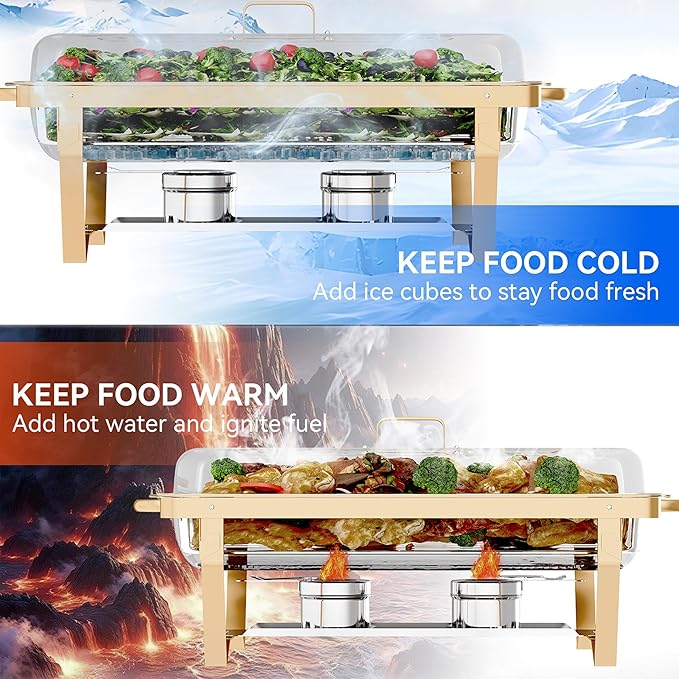 Chafing Dishes for Buffet 4 Pack(Full 1/2 1/3 Size Pan), 9QT Chafing Dish Buffet Set Stainless Steel Buffet Food Warmers Sets for Catering Events Parties Dinners,Gold and Silver