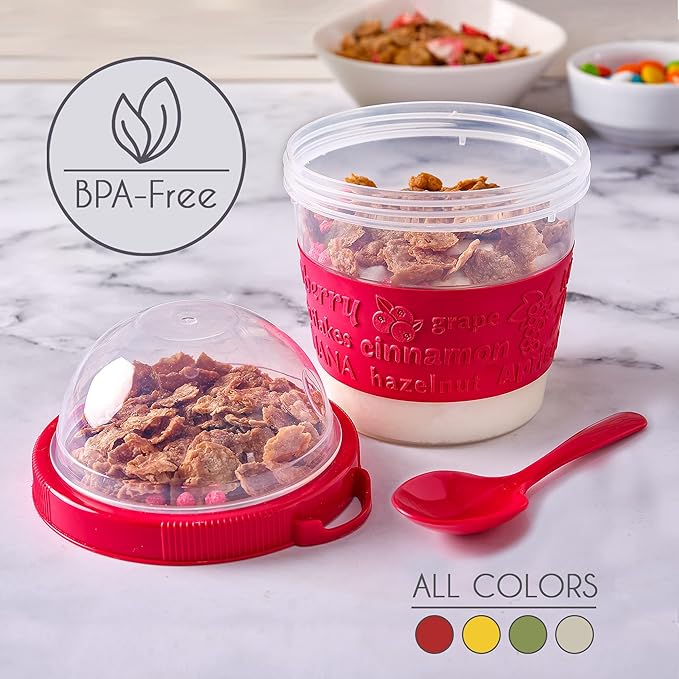 Crystalia Yogurt Parfait Cups with Lids, Mini Breakfast On the Go Plastic Bowls with Topping Cereal Oatmeal Container with Spoon for Lunch, Portable & Reusable, Colorful Set of 4 (Small 17 oz)