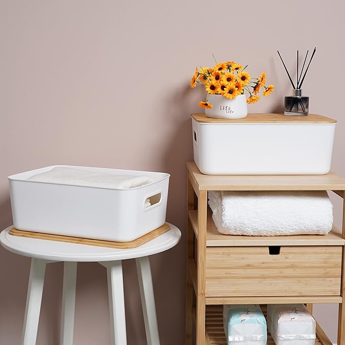 Citylife 4 PCS Storage Bins with Lids Plastic Storage Containers for Organizing Stackable Storage Box with Handle, 15.16 x 10.79 x 5.83 inch (White, 4 PCS-Large)