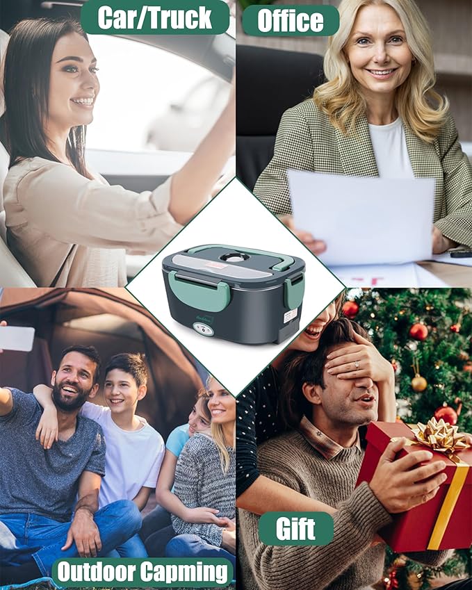 Buddew Electric Lunch Box for Adults, 80W Heated Lunch Box with Dual 1.5L Stainless Steel Portable Food Warmer,12/24/110V Lonchera Electrica Portatil for Travel&Work, Loncheras para Hombres de Trabajo