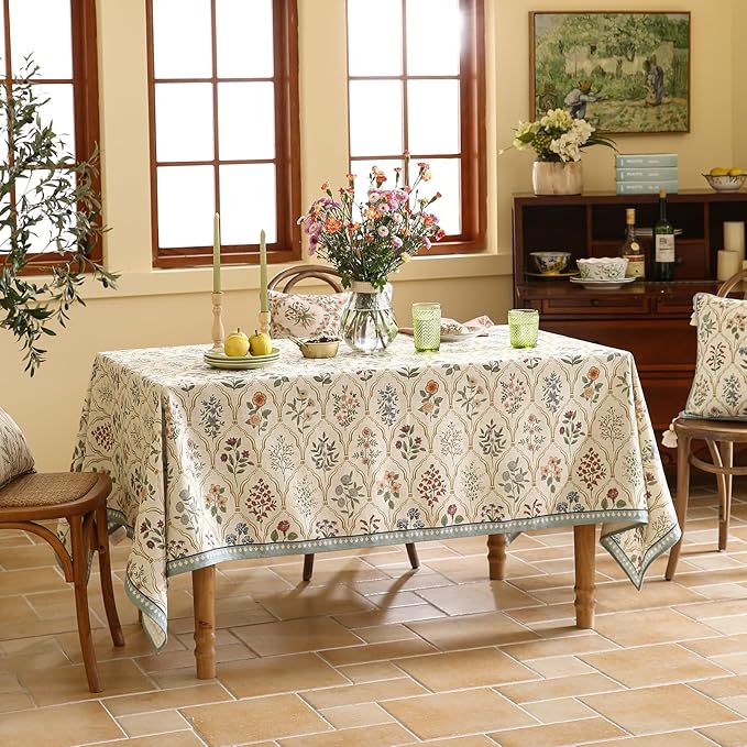 ISAENNE Designer Linen Extra Long Rectangle Tablecloth,Western Colorful Floral Indoor Table Cloth,Wrinkle Resistant Decor Tablecloths for Dining Thanksgiving Kitchen,63"*110"-Serenity B