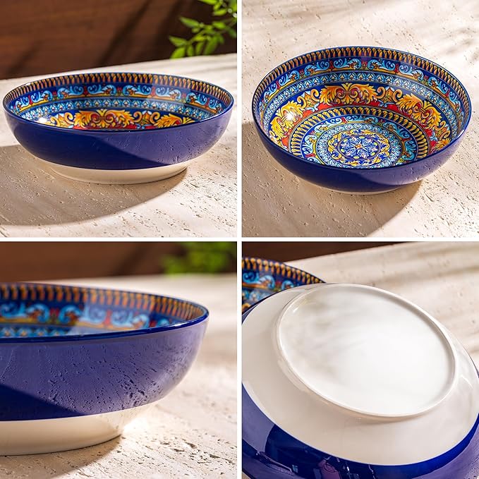 Large Serving Bowls Set of 2, Bohemian Style 10" Large Ceramic Bowls for Entertaining and Party, Bowls for Pasta Soup Fruit Ramen Cereal, Dishwasher Oven Safe
