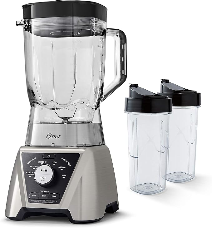 Oster Pro Smoothie Blender with Texture Select, Countertop Blender with Tritan Jar & 2 To-Go Cups, Brushed Nickel
