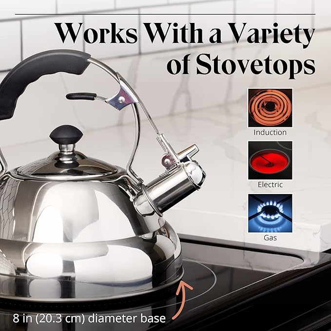 Willow & Everett Whistling Tea Kettle for Stove Top - 3.17 Quart Tea Pots for Stove Top w/Stainless Steel, Mirror Finish & Strainer