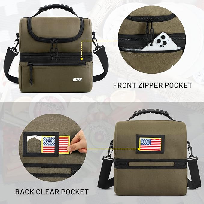 MIER Adult Lunch Box Insulated Lunch Bag Large Cooler Tote Bag for Men Women to Work Travel Daytrip, Double Deck Cooler (Army Green, Large)