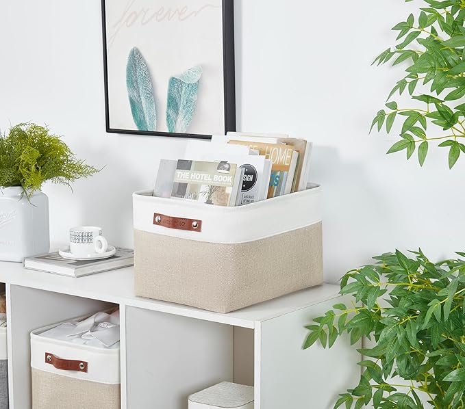 DECOMOMO Storage Baskets for Shelves - Fabric Storage Bins, Linen Closet Organizers and Storage (Beige & White, Large - 1 Pack)