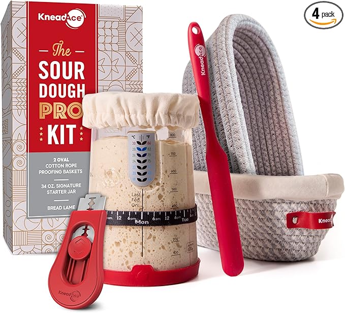 KneadAce Sourdough Starter Kit (PRO 34oz Jar, 2xOval baskets, Red Bread Lame)