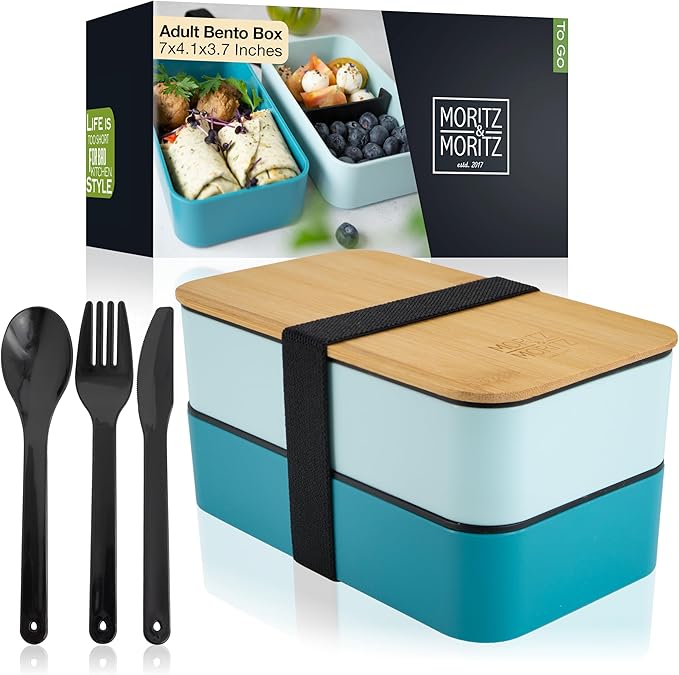 Premium Bento Box for Adults Blue – 2-Tier 46 oz Lunch Container Box with Bamboo Lid, BPA-Free & Leakproof, Microwave & Dishwasher Safe, Includes Food Divider & Cutlery – Ideal for Work & Travel