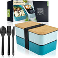 Premium Bento Box for Adults Blue – 2-Tier 46 oz Lunch Container Box with Bamboo Lid, BPA-Free & Leakproof, Microwave & Dishwasher Safe, Includes Food Divider & Cutlery – Ideal for Work & Travel