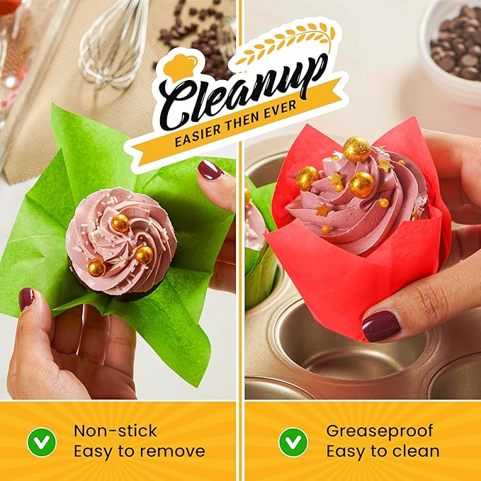 Tulip Cupcake Liners, Muffin Liners for Baking by Baker’s Signature – 200pcs of Parchment Paper Cups Cupcake Wrappers – Perfect Size, Sturdy, Greaseproof & Easy to Use – Colorful