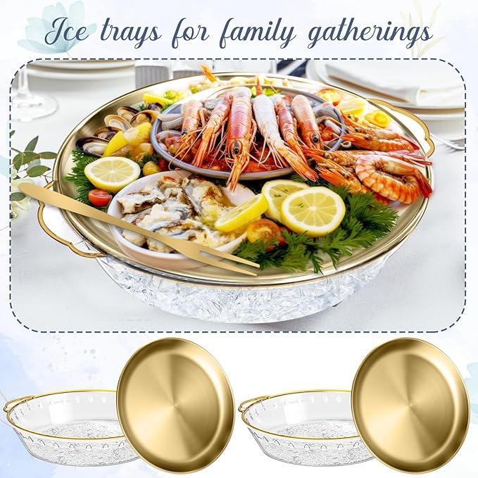 Baderke 4 Sets 11.8" Chilled Serving Tray for Parties Round Iced Platter with Ice Underneath Stainless Steel Clip Fruit Fork Shrimp Cocktail Serving Dish for Oysters Crawfish Fruits (Gold)