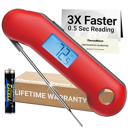 ThermoMaven ProfessionaI Meat Thermometer Digital, 3X Faster 0.5 Sec Instant Read, NIST Certified Accuracy ±0.5°F, 100% Waterproof Probe, Auto-Rotate Bright Indicator, for Candy/Grill/BBQ, Red & Gray