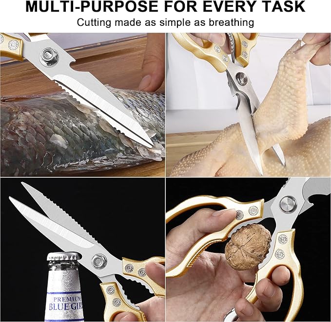 CGBE Kitchen Scissors All Purpose Heavy Duty, Ultra Sharp Stainless Steel Kitchen Shears Dishwasher Safe, Cooking Shears for Chicken, Poultry, Fish, Meat, Herbs & Grapes with Non-Slip Grips - Gold