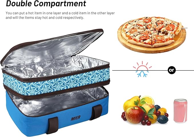 MIER Insulated Double Casserole Carrier Bag Thermal Lunch Tote for Lasagna Lugger, Potluck Parties, Picnic, Beach, Fits 9 x 13 Inches Baking Dish, Casserole Dish, Expandable by Mid Zipper, Blue
