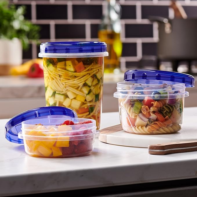 PLASTICPRO 6 Pack Twist Cap Food Storage Containers with Blue Screw on Lid- 16 oz Reusable Meal Prep Containers - Freezer and Microwave Safe Blue Plastic Food Storage