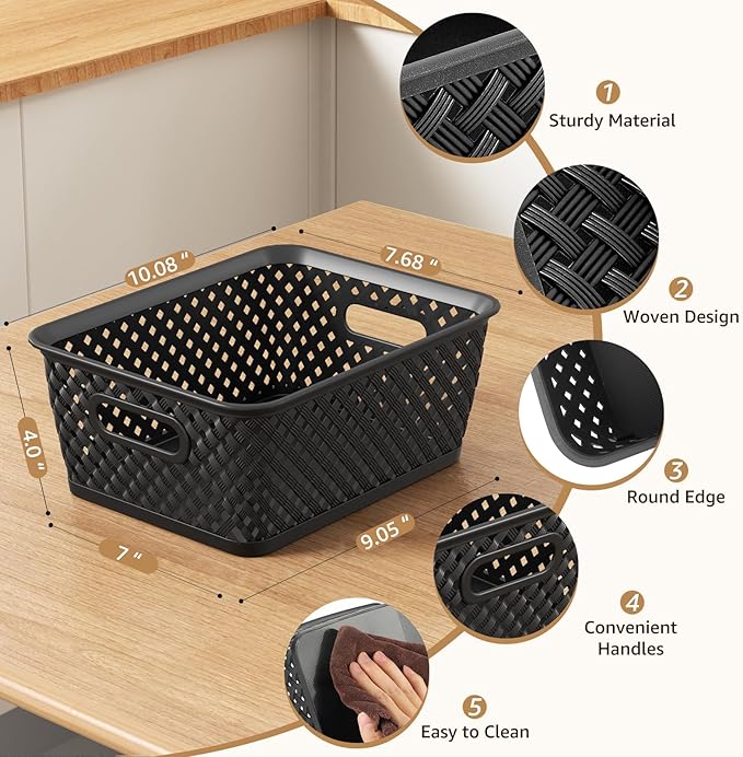 MaxGear Organization and Storage 3 Packs, Plastic Bins Organizer Bins, Woven Baskets for Storage, Plastic Baskets with Handles, Black Basket for Organizing, Basket Organizer for Home and Office, Large