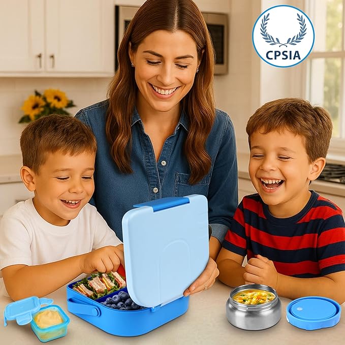 TinyPalsa Bento Box for Kids with 10oz Thermos, Durable Lunch Box with Leak Proof Insulated Food Jar, 3 Compartments with Portable Handle for Ages 3+, Dishwasher Safe, Ideal for School, Travel (Blue)