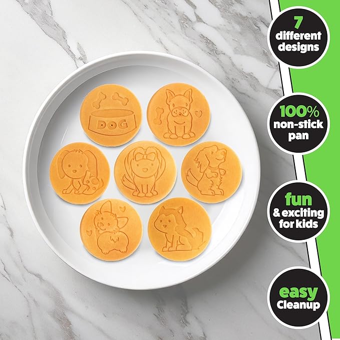 Puppy Friends Mini Pancake Pan- Make 7 Unique Flapjacks- Nonstick Griddle w Long Handle for Breakfast Pup Animal Fun & Easy Cleanup Fun Dog Related Gift for Kids & Adults, Boys Girls, Party Treat