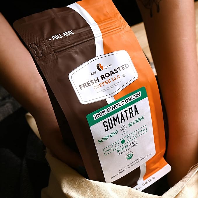 Fresh Roasted Coffee, Organic Sumatra | 100% Single Origin, USDA Organic, Kosher | Medium Roast 12 oz Whole Bean