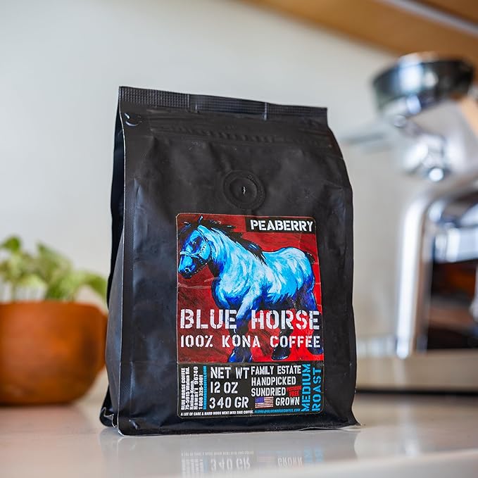 Blue Horse 100% Kona Coffee Peaberry, Medium Roast, Arabica Whole Beans, 12 oz Bag, Farm Fresh, Authentic Hawaiian Coffee from the Big Island