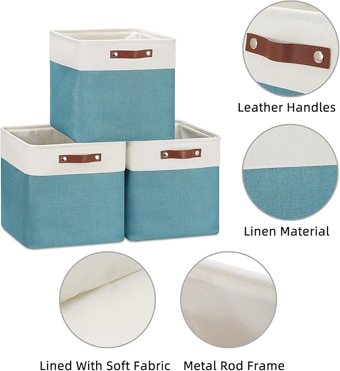 HNZIGE Foldable Storage Cubes & Baskets (3 Pack) - 13 Inch Storage Bin with Leather Handles for Toys, Clothes, Kids, Closet (White & Teal)