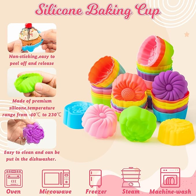 R HORSE 42Pcs Silicone Molds Cupcake 2 Inch Mini Size Reusable Muffins Liners Washable Non-Stick Donut Wrapper Mold Flower Shapes Baking Cups for Pan Oven Microwave Dishwasher