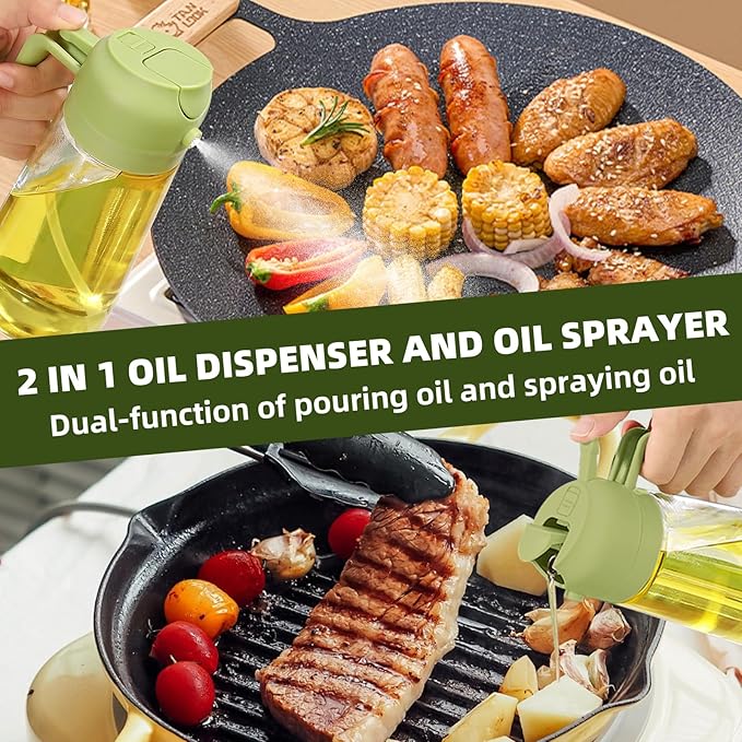 2pcs Oil Sprayer for Cooking, 16oz/470ml Oil Dispenser for Kitchen, 2 in 1 Olive Oil Dispenser Bottle for Kitchen Gadgets, Air Fryer, Salad, BBQ (Ivory, Green)