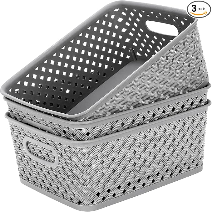 MaxGear Organization and Storage 3 Packs, Plastic Bins Organizer Bins, Woven Baskets for Storage, Plastic Baskets with Handles, Grey Basket for Organizing, Basket Organizer for Home and Office, Medium