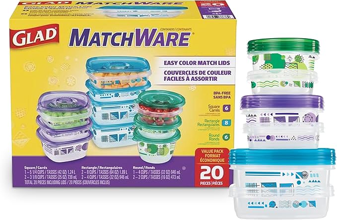 Glad GladWare Matchware Food Storage Containers, Value Pack - BPA Free Containers and Lids in a Variety of Sizes to Hold and Store Food Lock Tight Seal, 20 Count - 2 Pack