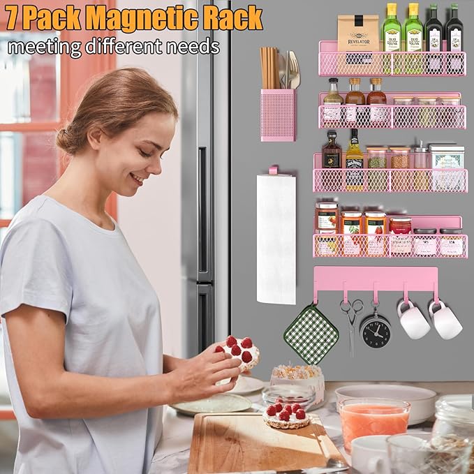 Magnetic Spice Rack for Refrigerator, 7 Pack 100% Metal Strong Magnet Shelves, Kitchen Spice Organizer W/ Hook Rack, Paper Towel Holder, Utensils Caddy, Home Laundry Room Storage Organization (Pink)