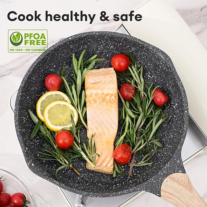 JEETEE 9.5 Inch Nonstick Frying Pan, Stone Coating Cookware, Nonstick Omelette Pan with Heat-Resistant Handle, Compatible with All Stoves (Grey)