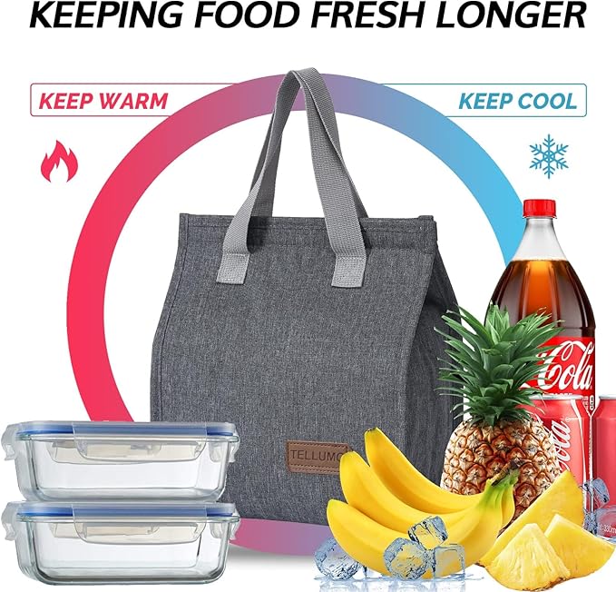 TELLUMO Lunch bag, Insulated Lunch Bag for Women Men Large Lunch Box Container Reusable Leakproof Tote for Office, Work, School, Beach or Travel (Grey)