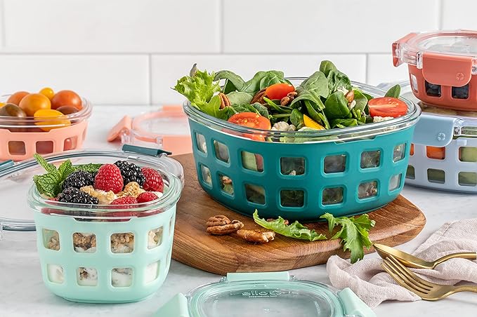 Ello Duraglass Mixed Meal Prep Sets Leak-Proof Glass Food Storage Containers with Silicone Sleeves and Airtight BPA-Free Lids, Dishwasher, Microwave, and Freezer Safe