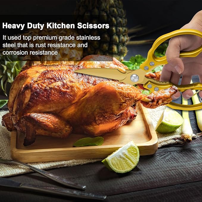 CGBE Kitchen Scissors, Multi-Purpose Kitchen Shears, Heavy Duty Dishwasher Safe Food Scissors for Chicken, Poultry, Fish, Meat & Herbs with Non-Slip Grips - ALL Gold