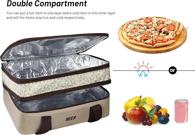 MIER Insulated Double Casserole Carrier Bag Thermal Lunch Tote for Lasagna Lugger, Potluck Parties, Picnic, Beach, Fits 9 x 13 Inches Baking Dish, Casserole Dish, Expandable by Mid Zipper, Khaki