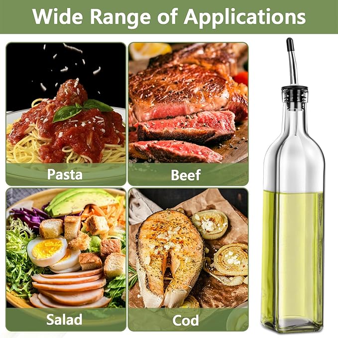 Olive Oil Dispenser Bottle, 2 Pcs Glass Olive Oil Dispenser and Vinegar Dispenser Set with 2 Stainless Steel Pourers, 4 Labels,1 Brush and 1 Funnel Oil Bottles for Kitchen (500ml)