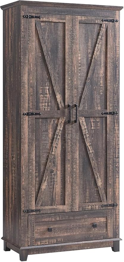 AMERLIFE 72" Tall Kitchen Pantry Storage Cabinet, Adjustable Shelves and Drawer, Farmhouse Food Pantry Cabinet for Kitchen, Living Room, Dining Room, Antique Oak