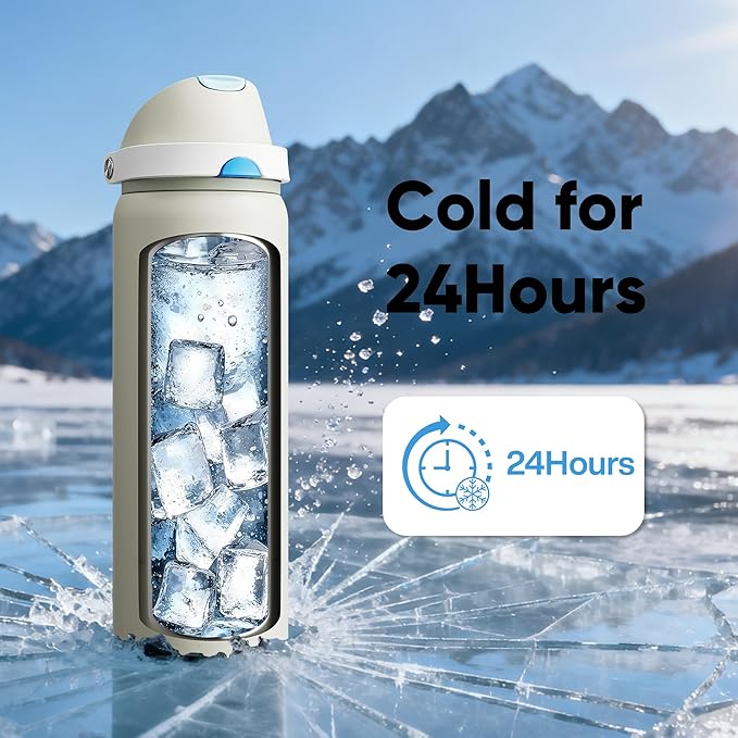 Insulated Water Bottle with Straw - Encool Stainless Steel Water Bottle with Push Button Lid, Leak-Proof & BPA-Free, Keeps Cold for 24 Hours for Sports, Travel, Gym (32 oz, Kangaroo Grey)
