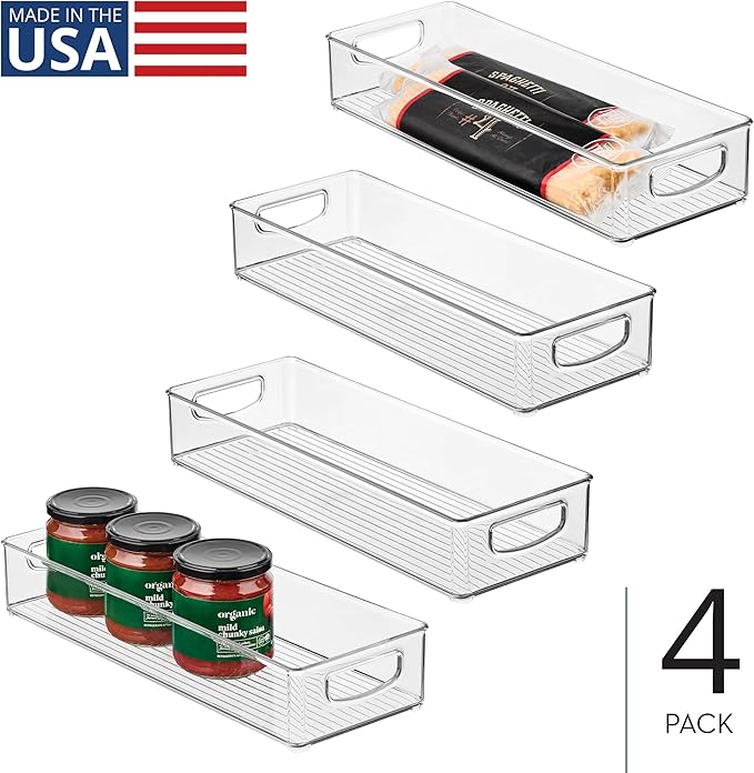 iDesign Slim Extra Long Clear Storage Bin, Narrow Stackable Organizer for Kitchen or Pantry, 4-Pack