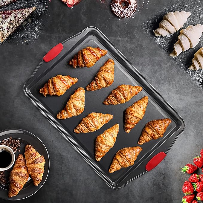 JOYTABLE Baking Sheet, 2PC Cookie Sheet Set with Silicone Handles, Nonstick Steel Baking Pan, Baking Sheets for Oven, BPA Free Baking Pans Set, Cookie Sheets– Black Bakeware, Small & Medium