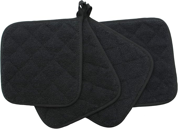 Cotton Pot Holders Cotton Made Machine Washable Heat Resistant Everyday Kitchen Basic Terry Pot Holder, Hot Pads, Trivet for Cooking and Baking Set of 4 (Black)