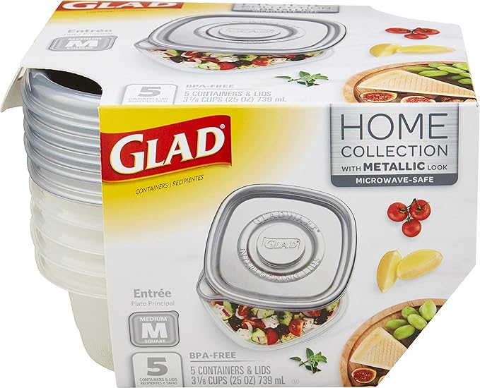 GladWare Home Entree Food Storage Containers, Medium Square Holds 25 Ounces of Food, 5 Count Set |With Glad Lock Tight Seal, BPA Free Containers and Lids