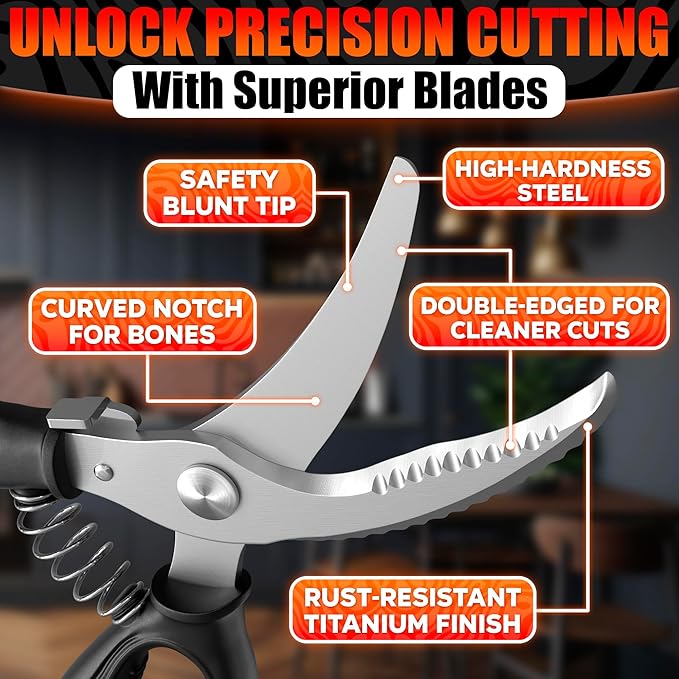Chicken Shears – Stainless Steel Heavy Duty Poultry Shears | Meat, Vegetables, Seafood | Fish Scale Remover & Bone Scissors | Non-Slip Serrated Saw-Like Edge, Safety Lock & Spring-Loaded Mechanism