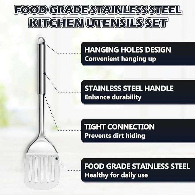 E-far Stainless Steel Kitchen Utensils Set, 39-Piece Cooking Utensils Set with Holder, Non-toxic Metal Heat Resistant Kitchen Gadgets Cookware Tool Spatula Set for Cooking, Dishwasher Safe