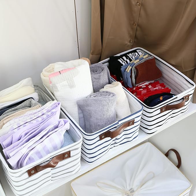 Hinwo 6-Pack Small Canvas Fabric Storage Baskets Set with Handles, Open Storage Bins, Cube Storage Organizer, Shelf Organizer Bins for Closet, 7.9L, 12 x 8 x 5 Inches (Gray Stripe)