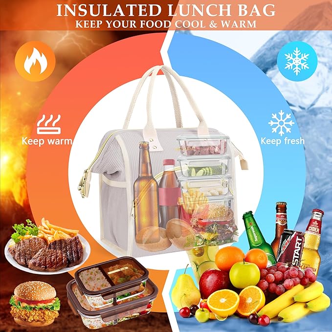 LOKASS Lunch Bag Women Insulated Lunch Box Wide-Open Lunch Tote Bag Large Cooler Bag for Work Picnic Hiking Beach（Light Gray）