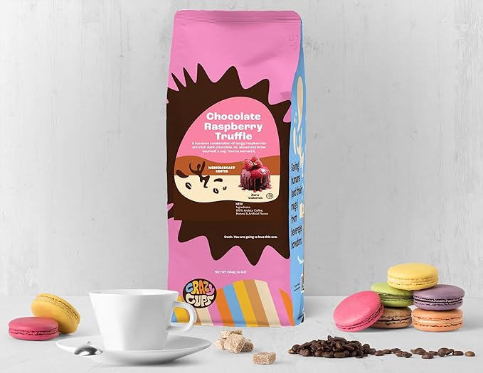 Crazy Cups Flavored Ground Chocolate Coffee, Chocolate Raspberry Coffee in 10 oz Bag, For Brewing Flavored Hot or Iced