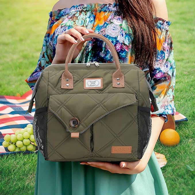 Lekesky Lunch Bag for Women Insulated Lunch Box Leakproof Lunchbox for Adult Work, Quilted Green